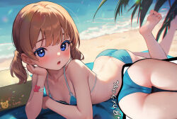 Rule 34 | 1girl, ass, barefoot, bikini, blue bikini, blue eyes, blush, breasts, brown hair, butt crack, c (theta), collarbone, feet up, hand on own cheek, hand on own face, head rest, highres, idolmaster, idolmaster million live!, looking at viewer, lying, mat, micro bikini, multiple views, on stomach, outdoors, short twintails, small breasts, suou momoko, swimsuit, twintails