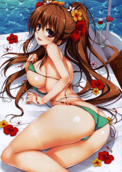 Rule 34 | 1girl, absurdres, ass, bare shoulders, bikini, bikini top lift, blush, breasts, brown eyes, brown hair, clothes lift, cocktail glass, cup, drinking glass, flower, green bikini, hair flower, hair ornament, halterneck, highres, huge filesize, large breasts, lifted by self, long hair, looking at viewer, lying, on side, open mouth, original, scan, side-tie bikini bottom, sideboob, smile, solo, string bikini, swimsuit, tomose shunsaku, twintails, untied bikini, water
