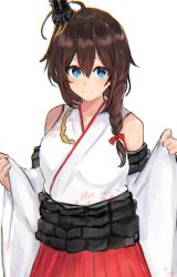 Rule 34 | 1girl, ahoge, bare shoulders, blue eyes, braid, brown hair, cosplay, detached sleeves, hair flaps, hair ornament, hair over shoulder, highres, kantai collection, looking at viewer, miyako (rgrayt), nontraditional miko, pleated skirt, red skirt, shigure (kancolle), simple background, skirt, smile, solo, white background, wide sleeves, yamashiro (kancolle), yamashiro (kancolle) (cosplay)