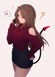 Rule 34 | 1girl, ?, absurdres, bare shoulders, black nails, black skirt, brown hair, cellphone, closed mouth, clothing cutout, demon girl, demon horns, demon tail, grey background, hand on own hip, hand up, heart, highres, holding, holding phone, horns, long hair, long sleeves, nail polish, notice lines, original, parted bangs, phone, red sweater, shimmer, shoulder cutout, simple background, skirt, sleeves past wrists, solo, spoken heart, sweater, tail, turtleneck, turtleneck sweater, very long hair