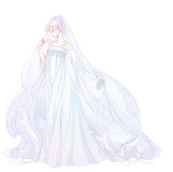 Rule 34 | 1girl, absurdly long hair, adapted costume, alternate costume, bishoujo senshi sailor moon, chinese clothes, crescent, crescent facial mark, earrings, closed eyes, facial mark, flower, forehead mark, full body, hanfu, jewelry, lips, long hair, petals, princess serenity, riku (lingsky), see-through, see-through sleeves, solo, tsukino usagi, twintails, veil, very long hair, white hair