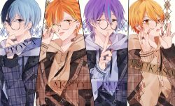 Rule 34 | 4boys, adjusting eyewear, aoyagi touya, aqua hair, argyle, argyle background, argyle clothes, bandaid, bandaid on hand, bespectacled, black-framed eyewear, black hair, black jacket, blue eyes, blue hair, blue hoodie, blue jacket, brown-framed eyewear, brown hoodie, buckle, buttons, character name, clenched hand, commentary request, dizzy trap (project sekai), drawstring, ear piercing, earrings, fingernails, glasses, green hair, grey-framed eyewear, hair between eyes, hands up, highres, hood, hood down, hooded sweater, hoodie, index finger raised, jacket, jewelry, kamishiro rui, light blue hair, long sleeves, looking at viewer, male focus, mole, mole under eye, mota42-xx, multicolored clothes, multicolored hair, multicolored jacket, multiple boys, one eye closed, open clothes, open jacket, open mouth, orange eyes, orange hair, partial commentary, piercing, plaid, plaid jacket, pocket, project sekai, purple-framed eyewear, purple hair, round eyewear, shinonome akito, short hair, silver earrings, streaked hair, stud earrings, sweater, tenma tsukasa, tongue, tongue out, two-sided fabric, two-sided jacket, two-tone eyewear, two-tone hair, upper body, white background, yellow eyes