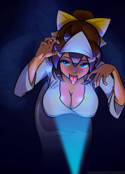 Rule 34 | 1girl, bent over, blue eyes, blush, borrowed character, bow, breasts, brown hair, cleavage, deliciousorange, downblouse, hair bow, humanization, jacqueline (maniacpaint), large breasts, light beam, long hair, marina (noill), no bra, original, ponytail, solo, tongue, tongue out, triangular headpiece