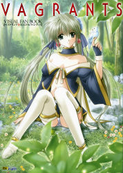 Rule 34 | 1girl, absurdres, bare shoulders, bird, blue eyes, boots, earrings, emilia (vagrants), flower, forest, green hair, highres, jewelry, long hair, midriff, nature, panties, sitting, solo, thigh boots, thighhighs, twintails, underwear, vagrants, very long hair, white panties, yamamoto kazue