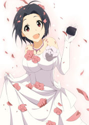 Rule 34 | 1girl, ahoge, black hair, dress, earrings, elbow gloves, flower, gloves, gradient background, hitotsuki nanoka, idolmaster, idolmaster (classic), jewelry, looking at viewer, miura azusa, necklace, open mouth, petals, red eyes, ring box, rose, rose petals, short hair, solo, strapless, strapless dress, wedding dress