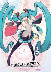 Rule 34 | 1girl, :d, absurdly long hair, aqua eyes, aqua hair, aqua nails, arched back, arm tattoo, armpits, black footwear, black skirt, black socks, black thighhighs, boots, cable, detached sleeves, floating hair, grey shirt, hatsune miku, headphones, headset, hikusa, knee boots, kneehighs, long hair, looking at viewer, microphone, multicolored background, nail polish, necktie, official art, open mouth, piapro, pigeon-toed, pleated skirt, promotional art, shirt, skirt, sleeveless, sleeveless shirt, smile, socks, solo, tattoo, thigh boots, thighhighs, twintails, very long hair, vocaloid, zettai ryouiki