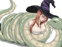 Rule 34 | 1girl, bad id, bad pixiv id, bare shoulders, bhm, blush, breasts, cleavage, coiled, dragon&#039;s crown, closed eyes, hat, interspecies, large breasts, long hair, one eye closed, reptile, restrained, ryona, simple background, snake, sorceress (dragon&#039;s crown), squeezing, witch hat