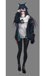Rule 34 | 1girl, absurdres, alternate costume, animal ear fluff, animal ears, ankle boots, arknights, bag, black footwear, black hair, black jacket, black pantyhose, boots, bwcloud, casual, dog tags, food, full body, grey background, handbag, highres, jacket, long sleeves, looking to the side, multicolored hair, off shoulder, open clothes, open jacket, orange eyes, pantyhose, pocky, red hair, shirt, standing, sunglasses, texas (arknights), two-tone background, two-tone hair, white shirt, wolf ears
