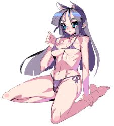 Rule 34 | animal ears, bikini, black hair, blue eyes, breasts, character request, copyright request, covered erect nipples, large breasts, long hair, meisamu, midriff, nipples, source request, swimsuit
