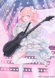 Rule 34 | 1girl, bang dream!, bass guitar, bow, breasts, copyright notice, dress, gloves, grey hat, hair bow, hat, highres, hiromachi nanami, instrument, long hair, long sleeves, looking at viewer, medium breasts, medium hair, mini hat, official art, open mouth, pink eyes, pink hair, standing, standing on one leg, suzuho hotaru, thighhighs, two side up, white bow, white dress, white gloves, white thighhighs