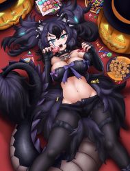 Rule 34 | 1girl, absurdres, adansosutega, animal ears, aqua eyes, big hair, black hair, bone necklace, bow, breasts, buttons, candy, cerberus (kemono friends), collar, cookie, dog ears, elbow gloves, feet out of frame, fingerless gloves, food, food on face, from above, gloves, glowing, glowing hair, groin, hair between eyes, halloween, hands up, highres, holding, holding food, jack-o&#039;-lantern, kemono friends, pantyhose under shorts, lizard tail, lollipop, looking at viewer, lowleg, lowleg shorts, lying, multicolored hair, navel, object on breast, on back, open clothes, open mouth, open shorts, pantyhose, plate, pumpkin, purple hair, scar, scar across eye, scar on face, short shorts, shorts, smile, solo, spiked collar, spikes, stomach, strapless, tail, thigh strap, tube top, two-tone hair, two side up, unbuttoned, v-shaped eyebrows
