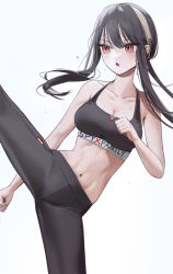 Rule 34 | 1girl, :o, bare arms, bare shoulders, black hair, black pants, blush, breasts, cleavage, clothes writing, collarbone, copyright name, hairband, highres, kicking, leg up, long hair, medium breasts, navel, open mouth, pants, quarter 1404, red eyes, short hair with long locks, sidelocks, simple background, solo, spy x family, standing, standing on one leg, sweat, v-shaped eyebrows, white background, white hairband, yoga pants, yor briar