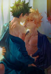 Rule 34 | 2boys, bakugou katsuki, bare pectorals, blonde hair, boku no hero academia, commentary, green eyes, green hair, hands on another&#039;s back, hands on another&#039;s face, highres, jewelry, looking at another, male focus, midoriya izuku, milmil (wa ten&#039;nendesu), multiple boys, necklace, pectorals, red eyes, robe, scar, undressing