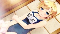 Rule 34 | 1girl, bare shoulders, blonde hair, blue eyes, blush, breasts, breasts squeezed together, embarrassed, game cg, hello lady!, highres, katsuragi sorako, legs, looking at viewer, saeki hokuto, short hair, solo, standing, steam, swimsuit, thighs, towel