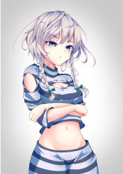 Rule 34 | 1girl, absurdres, alternate costume, black pants, black shirt, blue eyes, bow, braid, breasts, cleavage, cleavage cutout, clothing cutout, commentary request, cowboy shot, crop top, crossed arms, gradient background, green bow, grey background, groin, hair bow, highres, izayoi sakuya, long sleeves, looking at viewer, medium breasts, midriff, navel, pants, prison clothes, shirt, short hair, shoulder cutout, shoulder tattoo, silver hair, solo, standing, stomach, striped clothes, striped pants, striped shirt, tattoo, touhou, twin braids, white pants, white shirt, yamanakaume