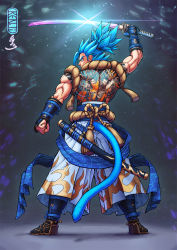 Rule 34 | 1boy, adapted costume, aqua eyes, arm up, armor, back tattoo, blue fur, blue hair, blue sash, character tattoo, clenched hand, commentary, dragon ball, english commentary, from behind, full body, glowing, gogeta, guillem dauden, high ponytail, holding, holding sword, holding weapon, japanese clothes, katana, knot, looking back, male focus, monkey tail, muscular, muscular male, pants, ponytail, sandals, sash, sheath, signature, solo, son goku, spiked hair, standing, super saiyan, super saiyan blue, sword, tail, tattoo, topless male, vambraces, vegeta, weapon