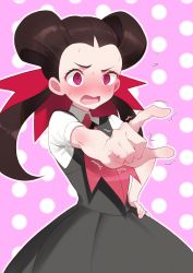 Rule 34 | 1girl, @ @, blush, brown hair, collared shirt, commentary request, creatures (company), dress, eyelashes, flying sweatdrops, game freak, grey dress, gym leader, hair ribbon, hand on own hip, highres, long hair, momihige, nintendo, open mouth, outline, pink neckwear, pointing, pokemon, pokemon oras, polka dot, polka dot background, purple background, purple eyes, red ribbon, ribbon, roxanne (pokemon), shirt, short sleeves, solo, sweat, tongue, trembling, twintails, white shirt