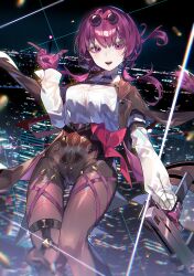 Rule 34 | 1girl, absurdres, black pants, breasts, building, city lights, commentary, eyewear on head, folded ponytail, gloves, gun, high-waist pants, highres, hiro (yoshi chan), holding, holding gun, holding weapon, honkai: star rail, honkai (series), jacket, jacket on shoulders, kafka (honkai: star rail), long sleeves, looking at viewer, medium breasts, night, night sky, open mouth, pants, puffy long sleeves, puffy sleeves, purple eyes, purple gloves, purple hair, shirt, sidelocks, sky, smile, solo, sunglasses, symbol-only commentary, thigh strap, weapon, white shirt