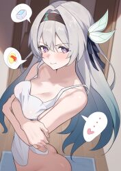 Rule 34 | 1girl, absurdres, apron, ass, black hairband, black ribbon, blush, breasts, cleavage, commentary request, crossed arms, firefly (honkai: star rail), grey hair, hair intakes, hair ribbon, hairband, highres, honkai: star rail, honkai (series), indoors, looking at viewer, ribbon, shiratategosha, small breasts, solo, upper body, white apron