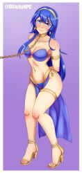 Rule 34 | 1girl, absurdres, arabian clothes, bikini, blue eyes, blue hair, blush, chain, commentary, earrings, fire emblem, fire emblem awakening, glitchynpc, gold bracelet, gold chain, gold earrings, harem outfit, high heels, highres, humiliation, jewelry, leash, long hair, lucina (fire emblem), nintendo, restrained, slave, solo, swimsuit, tiara
