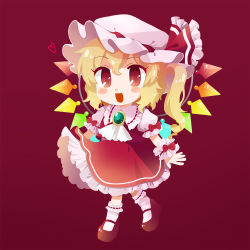 Rule 34 | blouse, blush stickers, brown background, collared shirt, female focus, flandre scarlet, full body, hair between eyes, hat, maa (forsythia1729), mob cap, pink hat, pink shirt, shirt, simple background, socks, solo, tagme, touhou, white socks