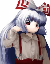 Rule 34 | 1girl, blunt bangs, blush stickers, bow, buttons, collared shirt, fujiwara no mokou, hair bow, hand in own hair, hand up, highres, hime cut, long hair, long sleeves, looking at viewer, pants, red eyes, red pants, shirt, simple background, solo, standing, suspenders, touhou, upper body, very long hair, white background, yakumora n, zun (style)