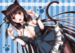 Rule 34 | 1girl, :d, animal ears, bare shoulders, blue background, blue dress, bow, bowtie, breasts, brown hair, cat ears, cat tail, cleavage, cowboy shot, d:, dress, dutch angle, frilled skirt, frills, itsumoto hiroharu, large breasts, long hair, looking at viewer, open mouth, orange eyes, original, pantyhose, paw pose, skirt, smile, solo, striped, striped background, tail, vertical stripes, very long hair