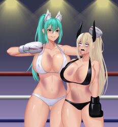 Rule 34 | 2girls, artist name, boxing, boxing gloves, boxing ring, catfight, character request, defeat, dungeon and fighter, fighting, highres, horns, midriff, multiple girls, navel, tagme, unconscious
