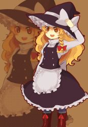 Rule 34 | 1girl, :d, apron, bad id, bad pixiv id, black dress, black hat, black shirt, black skirt, blonde hair, boots, bow, braid, collared shirt, dress, frilled apron, frilled dress, frilled hat, frilled skirt, frills, hair bow, hand on headwear, hat, hat bow, highres, hovering kousin, kirisame marisa, long hair, long sleeves, looking at viewer, open mouth, orange eyes, shirt, skirt, skirt set, sleeve cuffs, smile, solo, star-shaped pupils, star (symbol), symbol-shaped pupils, touhou, undershirt, witch hat