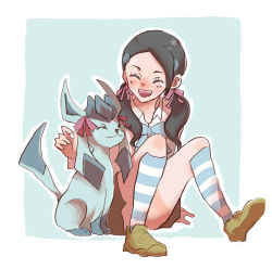 Rule 34 | 1girl, artist request, candice (pokemon), closed eyes, creatures (company), game freak, gen 4 pokemon, glaceon, hair ribbon, long hair, miniskirt, nintendo, pokemon, pokemon dppt, ribbon, shoes, sitting, skirt, socks, twintails