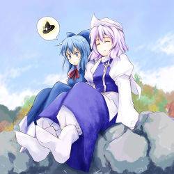 Rule 34 | &gt;:&lt;, 2girls, :&lt;, ^ ^, blue bow, blue dress, blue eyes, blue hair, blue skirt, bow, cirno, closed eyes, closed mouth, cloud, day, dress, female focus, hair bow, hat, hat ribbon, hirono, juliet sleeves, letty whiterock, light purple hair, long sleeves, lowres, multiple girls, nature, neck ribbon, pants, pants under skirt, puffy pants, puffy sleeves, red ribbon, ribbon, rock, short hair, sitting, sitting on rock, skirt, sky, smile, spoken object, touhou, v-shaped eyebrows, white hat, white pants, witch hat