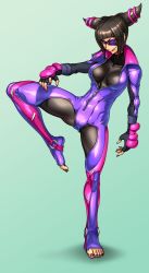 Rule 34 | 1girl, aozoraichi, barefoot, bodysuit, capcom, drill hair, eyepatch, fighting stance, fingerless gloves, han juri, highres, licking lips, purple bodysuit, solo, street fighter, street fighter v, toeless legwear, toes, tongue, tongue out, twin drills