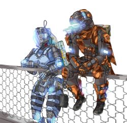 Rule 34 | 1boy, 1girl, backpack, bag, fence, gloves, helmet, highres, humanoid robot, kotone a, looking down, looking to the side, orange gloves, orange scarf, pilot (titanfall 2), robot, scarf, science fiction, simulacrum (titanfall), sitting, titanfall (series), titanfall 2, white background