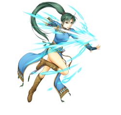 Rule 34 | 1girl, attack, bare legs, breasts, dress, energy, female focus, fighting stance, fire emblem, fire emblem: the blazing blade, fire emblem heroes, full body, green eyes, green hair, highres, holding, holding sword, holding weapon, leg up, long hair, lyn (fire emblem), matching hair/eyes, medium breasts, nintendo, official art, pelvic curtain, ponytail, side slit, solo, sword, thighs, transparent background, very long hair, weapon, yamada koutarou