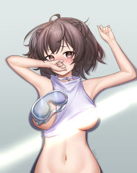 Rule 34 | 1girl, ahoge, animal ears, arknights, blush, breasts, breasts out, brown eyes, brown hair, choker, covering own mouth, goggles, grey background, highres, large breasts, light censor, looking at viewer, lying, navel, on back, otter ears, otter girl, roberta (arknights), rryiup, shirt, shirt aside, short hair, simple background, solo, stomach, twitter username, unworn goggles, upper body, white choker, white shirt