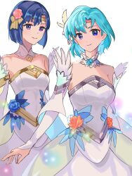 2girls aqua_hair bare_shoulders blue_eyes blue_hair bride catria_(bridal)_(fire_emblem) catria_(fire_emblem) closed_mouth detached_sleeves dress feather_hair_ornament feathers fire_emblem fire_emblem:_the_binding_blade fire_emblem_echoes:_shadows_of_valentia fire_emblem_heroes flower graffiti_uthn hair_flower hair_ornament looking_at_viewer multiple_girls nintendo official_alternate_costume purple_eyes short_hair smile strapless strapless_dress thea_(bridal)_(fire_emblem) thea_(fire_emblem) wedding_dress white_background white_dress