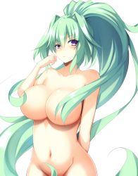 Rule 34 | 1girl, arm behind back, blush, breasts, collarbone, commentary request, convenient censoring, doria (p f dolia), green hair, green heart (neptunia), hair between eyes, hair censor, hair intakes, hand up, highres, large breasts, long hair, looking at viewer, navel, neptune (series), nude, open mouth, ponytail, power symbol, power symbol-shaped pupils, purple eyes, sidelocks, simple background, solo, symbol-shaped pupils, very long hair, white background