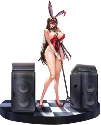 Rule 34 | 1girl, areola slip, between breasts, blush, breasts, crossed bangs, full body, hair between eyes, hair intakes, high heels, highres, huge breasts, last origin, leotard, long hair, microphone, microphone stand, mr.yun, official art, open mouth, playboy bunny, red leotard, royal arsenal, solo, speaker, tachi-e, transparent background, very long hair