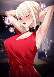 Rule 34 | 1girl, after ejaculation, animal collar, armpits, blonde hair, bob cut, breasts, cityscape, collar, commentary request, cum, cum on armpits, cum on body, cum string, dress, duplicate, hair ribbon, highres, indoors, kawaruhi, large breasts, looking at viewer, lycoris recoil, night, nishikigi chisato, one eye closed, open mouth, pixel-perfect duplicate, red dress, red eyes, red ribbon, ribbon, short hair, sleeveless, sleeveless dress, solo, window