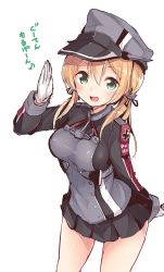Rule 34 | 10s, 1girl, aqua eyes, arm behind back, blush, breasts, cowboy shot, gloves, hat, kantai collection, low twintails, microskirt, open mouth, peaked cap, prinz eugen (kancolle), rokushou kokuu, simple background, skirt, solo, twintails, white background, white gloves