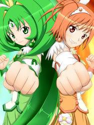 Rule 34 | 10s, 2girls, back-to-back, clenched hand, clenched hands, cure march, cure sunny, eyelashes, fuuma nagi, green eyes, green hair, grin, hino akane (smile precure!), long hair, midorikawa nao, multiple girls, orange hair, orange skirt, outstretched arm, ponytail, precure, red eyes, short hair, skirt, smile, smile precure!, tiara, tri tails