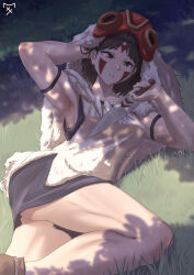 Rule 34 | 1girl, arm strap, armpits, artist logo, brown eyes, brown footwear, brown hair, cape, collarbone, facepaint, fur cape, grass, hand in own hair, highres, holding, holding knife, hood, hooded cape, jewelry, knife, lying, mask, mask on head, mononoke hime, muscular, muscular female, necklace, nyaxxy, on grass, on side, paid reward available, san (mononoke hime), shadow, solo, sweat, thighs, tomboy, tooth necklace