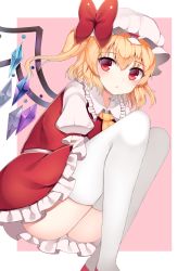 Rule 34 | 1girl, ascot, ass, bad id, bad pixiv id, blonde hair, bow, flandre scarlet, hat, hat bow, highres, looking at viewer, mob cap, papo, puffy short sleeves, puffy sleeves, red eyes, shirt, short sleeves, side ponytail, skirt, skirt set, solo, thighhighs, thighs, touhou, upskirt, vest, white thighhighs, wings, zettai ryouiki