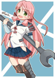 Rule 34 | 10s, 1girl, akashi (kancolle), blue skirt, blush, breasts, green eyes, hair ribbon, highres, hip vent, kantai collection, long hair, long sleeves, looking at viewer, open mouth, oversized object, pepatiku, pink hair, pleated skirt, ribbon, school uniform, serafuku, skirt, smile, solo, thighhighs, tress ribbon, twintails, wrench