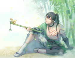 Rule 34 | 1boy, 20chinn, abs, absurdres, artist name, bad id, bad pixiv id, bamboo, bamboo forest, bandages, bird, black hair, dated, flute, forest, green eyes, highres, instrument, japanese clothes, kimono, leaf, long hair, male focus, mannendake (onmyoji), nature, onmyoji, ponytail, sandals, sitting, solo, tattoo, topless male