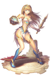 Rule 34 | 1girl, armor, armored dress, bare shoulders, blue eyes, blue footwear, boots, breasts, brown hair, cleavage, closed mouth, collarbone, dress, elbow gloves, feather trim, full body, gloves, hairband, headgear, highres, holding, holding sword, holding weapon, long hair, looking at viewer, medium breasts, original, serious, shield, short dress, solo, standing, sword, thighlet, turna98, weapon, white gloves