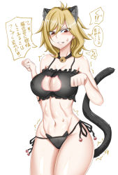 Rule 34 | 1girl, animal ears, blonde hair, blush, breasts, cat cutout, cat ear panties, cat ears, cat lingerie, cat tail, cleavage, cleavage cutout, clothing cutout, cowboy shot, dimaria yesta, fairy tail, highres, looking at viewer, meme attire, murabito sono2, panties, simple background, solo, tail, translation request, underwear, white background