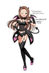 Rule 34 | 1girl, breasts, brown hair, choker, demon horns, demon tail, demon wings, garter straps, gloves, high heels, horns, idolmaster, idolmaster (classic), minase iori, one eye closed, open mouth, panties, small breasts, solo, tail, thighhighs, underwear, wings, wink