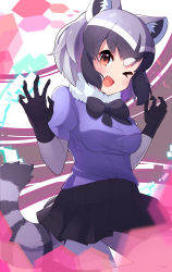 Rule 34 | 1girl, ;d, absurdres, animal ear fluff, animal ears, bad id, bad pixiv id, black bow, black bowtie, black gloves, black hair, black skirt, blue shirt, bow, bowtie, brown eyes, claw pose, commentary, common raccoon (kemono friends), fang, fur collar, gloves, grey hair, grey pantyhose, highres, kemono friends, looking at viewer, miniskirt, multicolored hair, one eye closed, open mouth, pantyhose, raccoon ears, raccoon tail, shirt, short hair, short sleeves, skirt, smile, solo, standing, striped tail, tail, takom