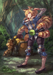 Rule 34 | 1girl, :d, animal ears, arm up, blue eyes, blue shirt, breasts, comic, duel monster, forest, full body, gauntlets, highres, knee pads, medium breasts, nature, open mouth, shirt, shoes, shouma (bravespiritya), single gauntlet, smile, solo, striped hair, tail, tiger ears, tiger girl, tiger stripes, tiger tail, tree, yu-gi-oh!, zoodiac tigermortar